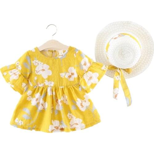 2021 New Style Flower Printed Small Children Dress Flounced Princess Children Clothing 2pcs Sets Baby Girl Dress+sunhat summer