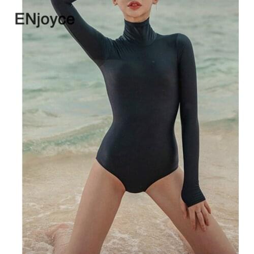 Classic Black Long Sleeve Swimsuit for Women Swimwear One-Piece Swimdress Swim Bathing Suit Sunscreen Beach Wear Summer 2021