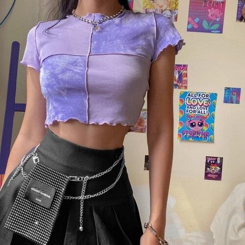 Tie-Dye Color Block Patchwork Slim Crop Top Female Short Sleeve O-Neck Ruffle Hem Trendy Wild Casual Stretch Summer Tee Shirt