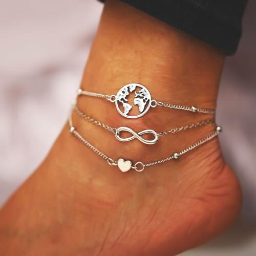 Miss JQ 3 Pcs/set Summer Beach Anklect Earth Map Heart Creative Silver Chain Anklect For Women Metal Pendant Foot Bracelet