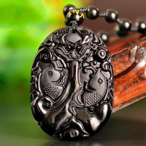 Natural Black Obsidian Beads Necklace Hand-Carved Carp Jade Pendant Fashion Charm Jewellery Amulet Gifts for Men Women Jewelry