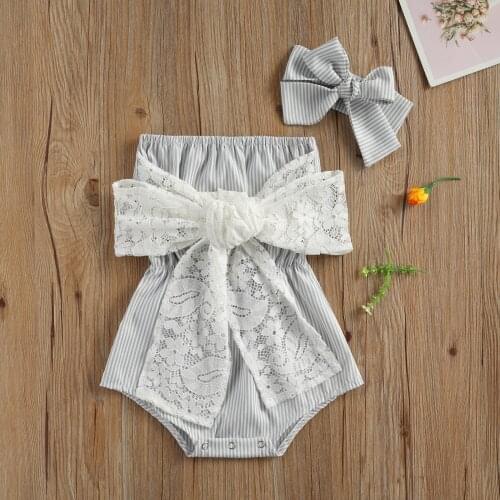 Summer 2Pcs Baby Summer Outfits Stripes Strapless Bodysuit with Lace Big Bowknot + Hairband Suit for Toddler Girls 0-24 Months