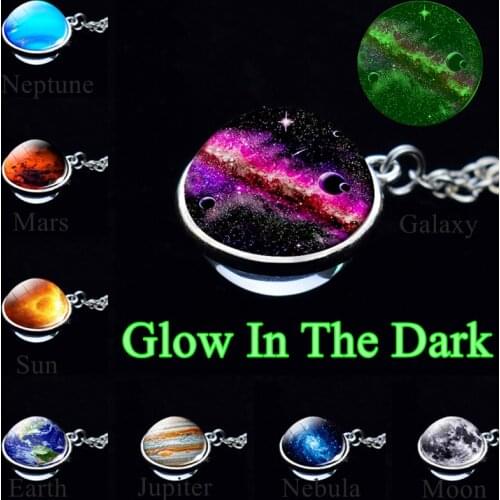 Glow In The Dark Galaxy Necklace Space Planet Universe Solar System Nebula Moon Double Side Glass Ball Pendant Luminous Necklace