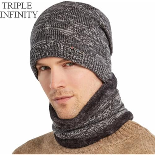 TRIPLE INFINITY Skullies Beanies Men Winter Hat Male Warm Knitted Hats Scarf Beanie Hat Thick Windproof Brimless Fluff Bonnet