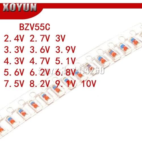 200pcs BZV55C 2.4V 2.7V 3V 3.3V 3.6V 3.9V 4.3V 4.7V 5.1V 5.6V 6.2V 6.8V 7.5V 8.2V 9.1V 10V 0.5W Zener diode DO-35 1/2W LL34 ZMM