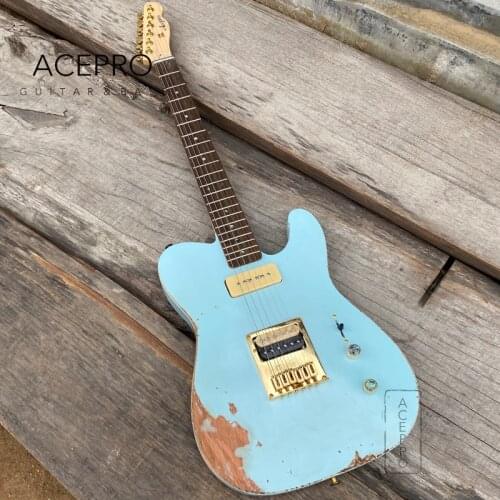 Acepro Sky Blue Color Handmade Aged Electric Guitar, Gold Hardware & Grover Tuners, Abalone Knobs & inlays, High quality Guitar
