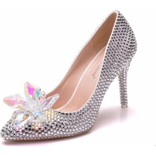 Women pumps wedding Party banquet PU Rhinestones Slip On 9.5CM Thin High Heels Pointed Toe high heels women shoes size 35-42