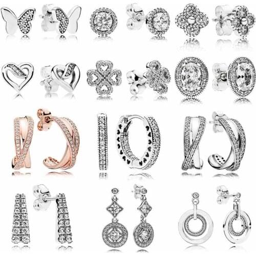 925 Sterling Silver Vintage Allure Clover Petals Of Love Hearts of Signature Entwined Circles Pandora Earrings For Women Jewelry