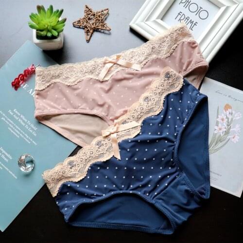 Polka Dot Printed Ice Silk Womens Underwear Sexy Lace Low-Waist Panties Breathable Cotton Crotch Female Briefs Sex Lingerie