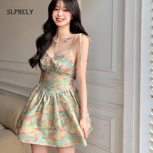 SLPBELY Vintage Printed Sling Dress For Women Summer Sexy Backless Spaghetti Lace-up Vacation Dress Casual Vestido Sundress 2021