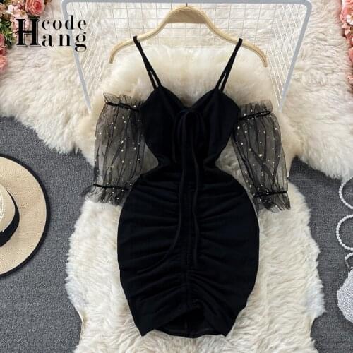 HangCode Women 2021 Sexy Black Night Club Mini Dress Summer Off Shoulder Star Mesh Short Sleeve Ruched Bodyon Party Dress