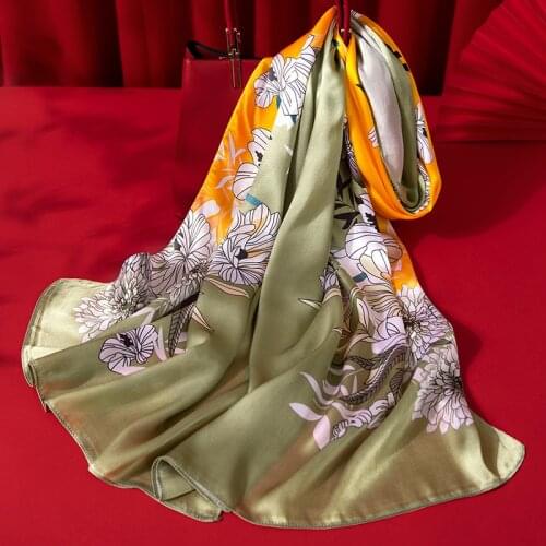 100% Silk Satin Scarf Women Long Print Neck Scarf Luxury Real Silk Floral Shawl Chinese Style Headscarf Designer Foulard Femme