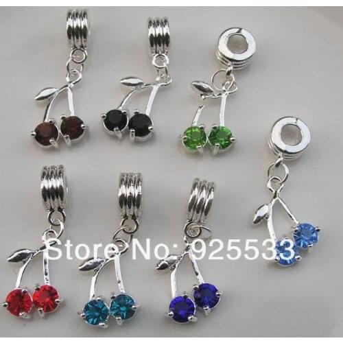 Free shipping 20pcs high quality colorful crystal rhinestone silver cherry big hole charms fit European bracelet jewelry DIY