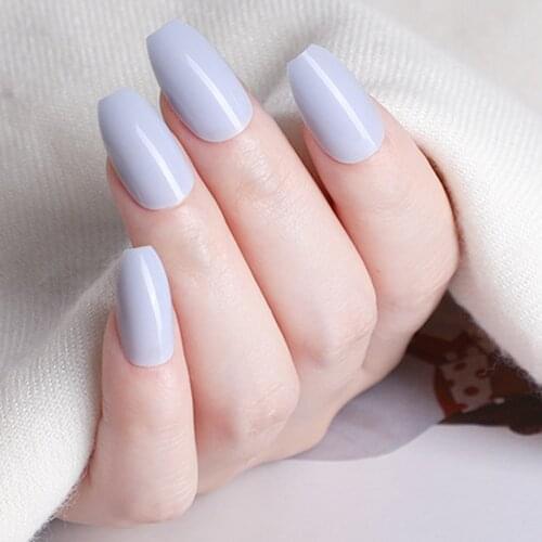 24Pcs Short Ballerina Coffin False Nails Shiny Grey Blue Artificial Fake Nails For Designs Full Cover Finger Tips Manicure Tools