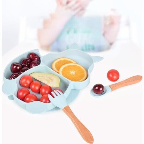 5 Pcs Baby Silicone Bibs Squirrel Divided Dinner Plate Sucker Bowl Spoon Fork Set Training Feeding Food Utensil Dishes Kit
