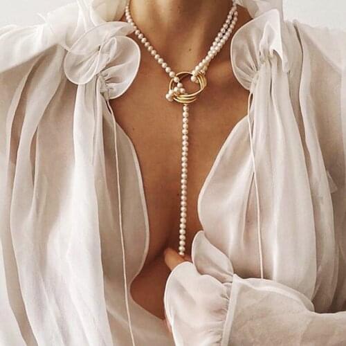 51284 European and American cross border jewelry geometric metal pearl necklace female chain sweater chain