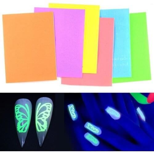 6pcs/Set Fluorescent Butterfly Designs Nail Art Stickers Watermark DIY Colorful Tips Nail Decals Manicure Tool
