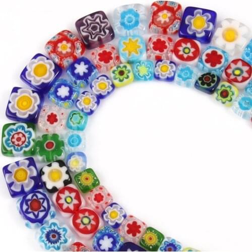 Cube Sauqre Shape Mixed Flower Patterns 6mm 8mm 10mm Millefiori Glass Loose Beads for DIY Crafts Jewelry Making Findings