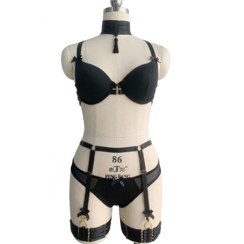 Black Bow Tassel Collar Bra Leg Separable High Waist Garter Belt Women Sexy Lingerie Bra Brief Sets Adjustable Size Body Harness