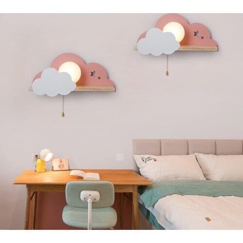 Wood Iron Wall Lamp for Childrens Room Cartoon Cloud Bedroom Wall Light Wall Sconce Boys Girls Kids Room Cozy Lighting Fixture