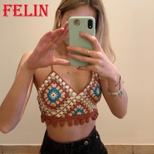 FELIN Za 2021 Hollow Out Vintage Tanks Women V Neck Corset Geometric Knitted Cami Cropped Tops Girls Stylish Strap Tops