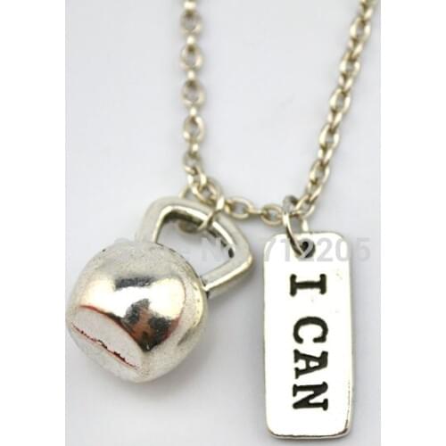 Dumbbell barbell Kettle bell with I Can Fitness weightlifting Gym chain necklace (A1199)