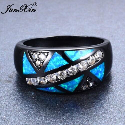 JUNXIN Bohemian Female Black Gold Zircon Ring Blue Fire Opal Round Ring Vintage Wedding Rings For Women Bague Femme