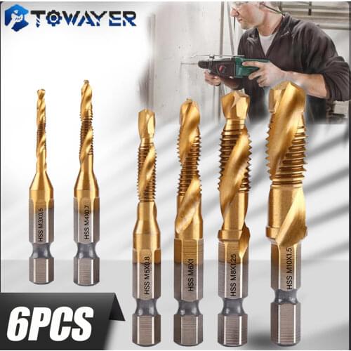 1/6Pcs Titanium Plated Hex Shank Drill Bits HSS Screw Thread Metric Tap Wrench Screw Machine Compound Thread Cutting Hand Tools