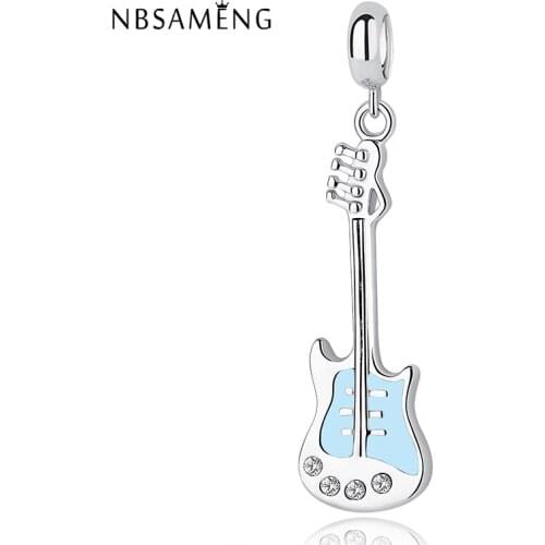NBSAMENG S925 Sterling Silver Electric Guitar Pendant Charm Beads Fit Bracelets For Women DIY Punk Rock Music Jewelry
