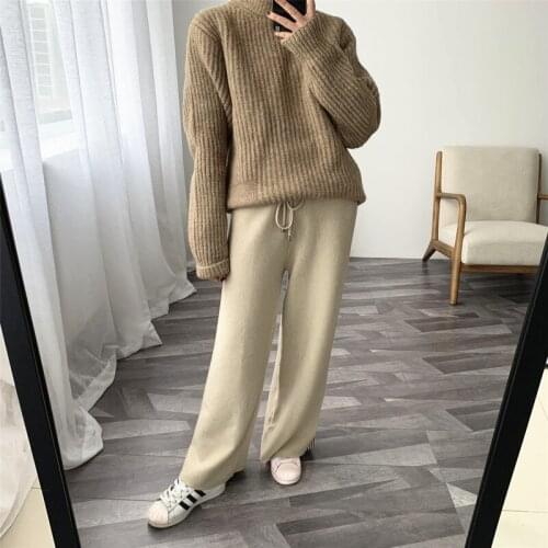 2020 Autumn And Winter New Elastic Waist Solid Color All-match Wide Leg Pants Knitted Warm Black Pants For Women C751