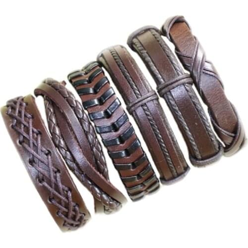 6pcs Fashion Men Leather Bracelets Open Cuff Rope Bangles & Bracelet Double Wide Black Brown Color Vintage Punk Jewelry -S96