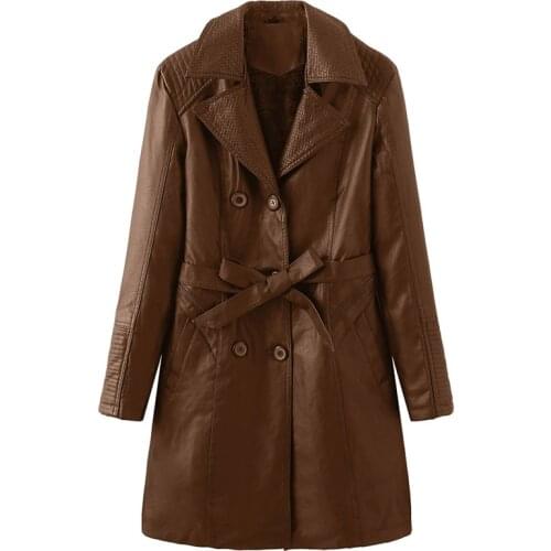 Autumn Winter Faux Leather Coat Women 2021 New Khaki Black Brown Europe America Fleece Warm Fashion Slim Long PU Jacket N1110