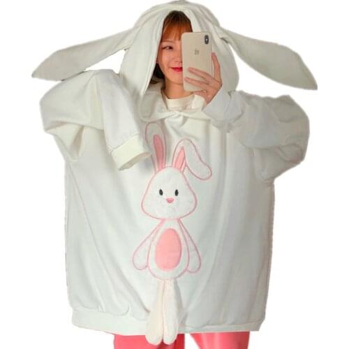 Autumn Winter Japanese Cute Lolita Style Hoodies Girls Kawaii Big Long Rabbit Ears Hooded Oversized Plush Embroidery Sweatshirt