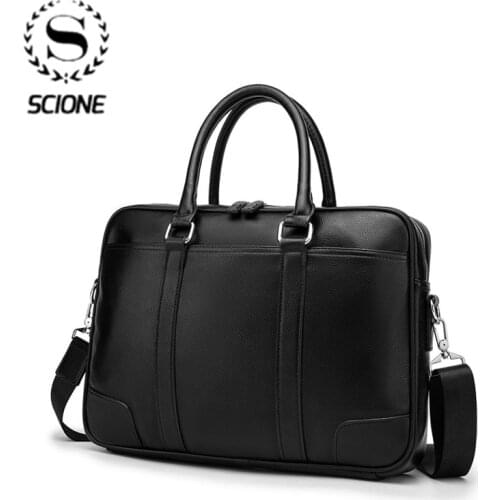 Scione PU Leather Mens Briefcases 14" Laptop Handbag Cowhide Men Business Crossbody Bag Messenger Shoulder Bags for Men