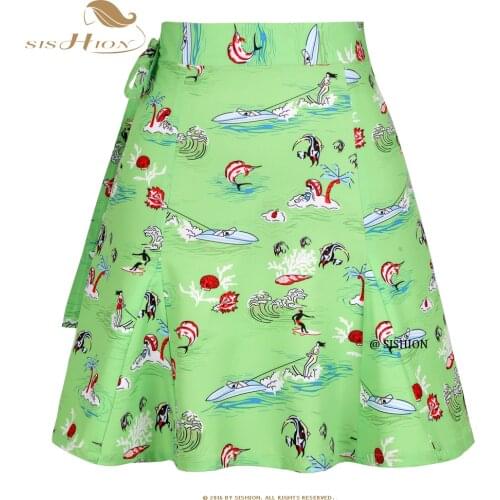 Casual Surfing at Sea with Girl Printed Summer Skirt Women Quick Wrap Cover-up Green Skirt On Vacation SS0015