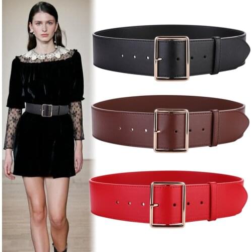 Cowhide Wide Belts Lady Windbreaker Skirt Gold Pin Buckle Belt Black Solid Genuine Leather Waist Strap Girl Party Dress Decorate