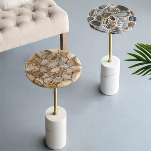 Luxtry Home Furnishing Hotel Living Room Decor Agate Stone Parquet Storage Sofa Side Table Brass Marble Corner Table Ornament