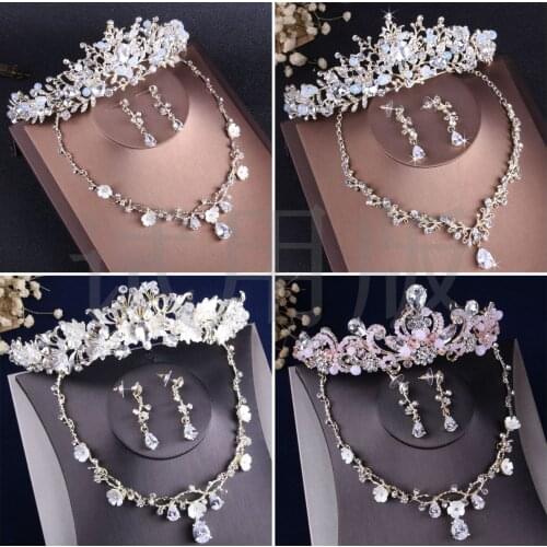 Luxury crystal handmade tiara earrings necklace jewelry sets brides engagement party wedding hair accessories wholesale