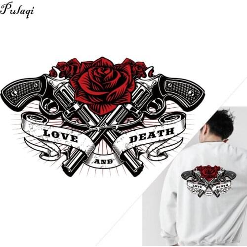 Rose And Crossed Pistol Patch Thermo Stickers On Clothes Motorcycle Biker Patches Iron On Patches For Clothing Heat Transfers