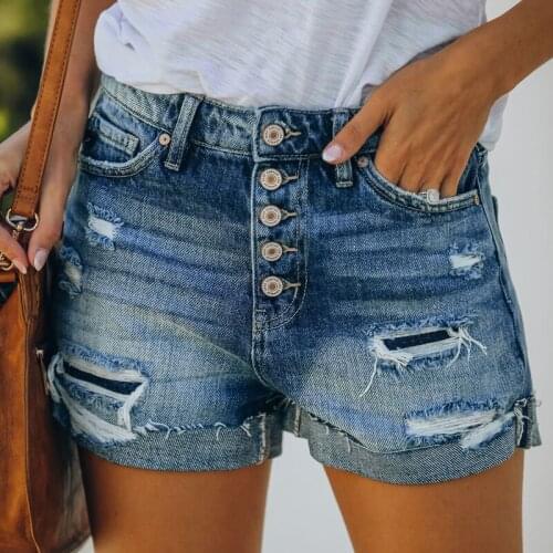 Ripped Women Shorts Denim Casual High Waist Button Short Pant Black Skinny Female Shorts Mujer