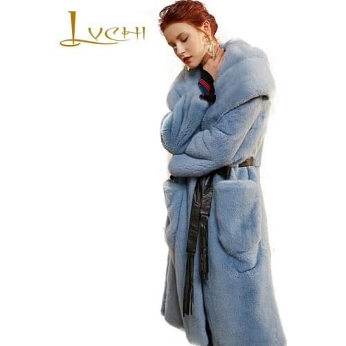 LVCHI 2019 Winter Swan Velvet Mink Fur Coat Full Sleeve Real Fur Coats With Fur Hood Sashes Women Thicken X-Long Mink Fur Coats