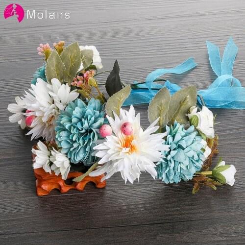 MOLANS Blue Rose Flower Crown Headbands Accessories for Bride Wedding Adjustable Ribbon Floral Wreath Headwear