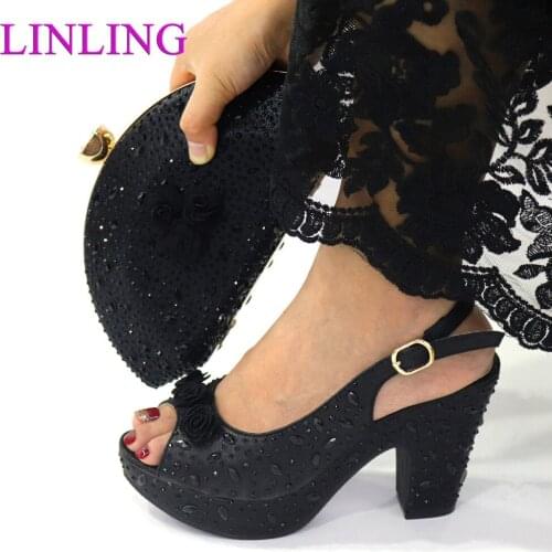 New Arrival Italian Design Elegant Low Heels Ladies Shoes and Bag Set Decorated With Rhinestone in Black Color for Wedding