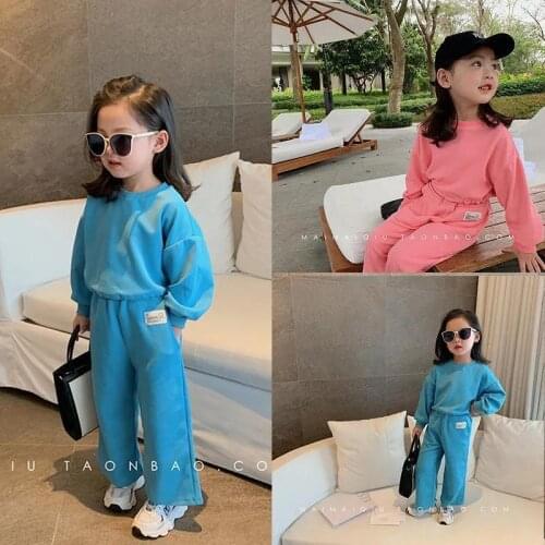 2021 spring new loose sportswear solid color sweater two-piece suit fashion avant-garde little girls Two-piece Suit 3-8 Y