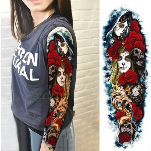 Waterproof Temporary Tattoo Sticker red rose clock skull girl faces tatoo full arm large fake tatto flash tattoos for men women