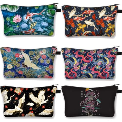 Japanese Koi Fish Crane Asian Dragon Cosmetic Case Harajuku Women Makeup Bags Girls Beauty Bag Hip Hop Cosmetic Toiletries Bag