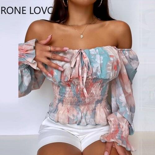 Women Off Shoulder Floral Print Shirred Lantern Sleeve Top Plain Blouse Women Summer Tops