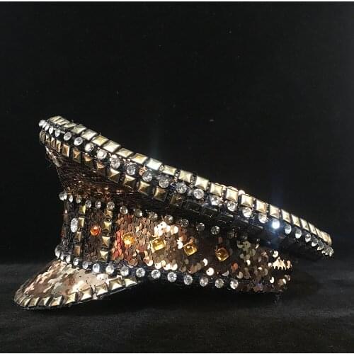 Women Men Luxury Military Hat Rhinestone Police Hat Handmade Sequin Burning Captain Hat Costume Cosplay Yacht Week Sergeant Hat