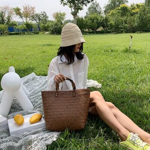 Women Summer Straw Handbag Rattan Shopping Bag Straw Woven Handmade Knitted Tote Large Capacity Women Holiday Beach Bag
