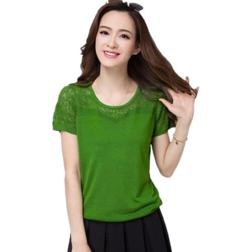 2021 Fashion Womens New Summer Hollow Knit T-shirt Loose Large Size 4XL O neck Short Sleeve shirt Solid Female Short Casual Top